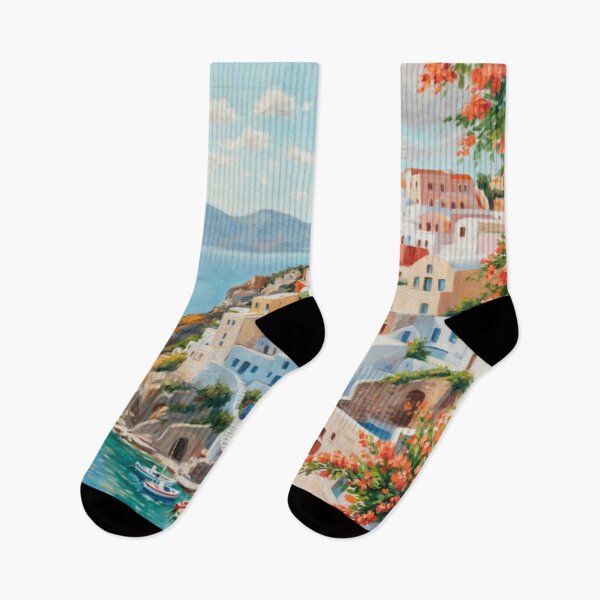 Item preview, Santorini Mediterranean Coastal Oil Painting Art Print designed and sold by adlkh.