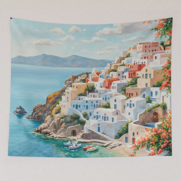 Item preview, Santorini Mediterranean Coastal Oil Painting Art Print designed and sold by adlkh.