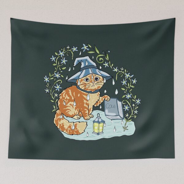 Item preview, Cat Book Wizard Whimsical Cottagecore Rain Illustration designed and sold by LeshanArt.