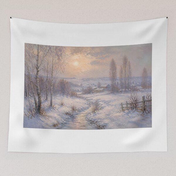 Item preview, Impressionist Winter Stream and Birch Trees Golden Sunset Oil Painting Print designed and sold by Wandered North.