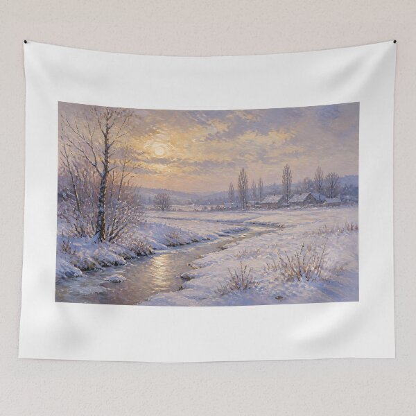 Item preview, Monet Style Golden Sunset Winter River Countryside Fine Art Oil Painting Poster designed and sold by Wandered North.