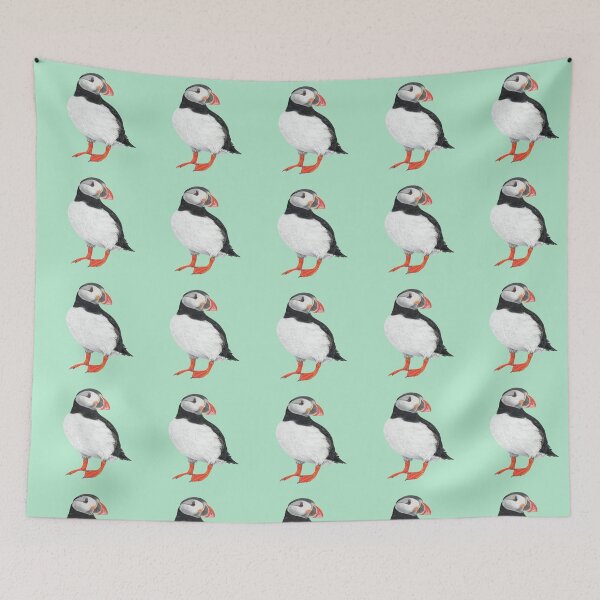 Item preview, Puffin pastel art on mint green background designed and sold by IslesArt.