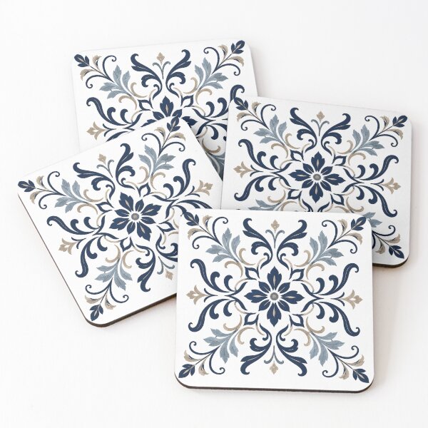 Item preview, Navy Blue & Beige Vintage Floral Damask Ornament designed and sold by Punch-E415.