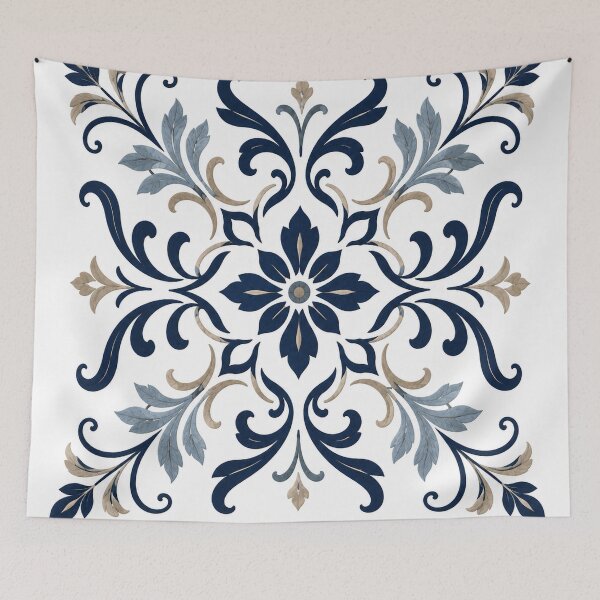 Item preview, Navy Blue & Beige Vintage Floral Damask Ornament designed and sold by Punch-E415.