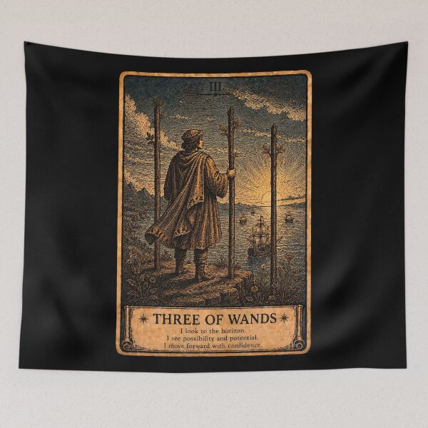 Item preview, Three of Wands Tarot Card - Vintage Mystical Divination Art  designed and sold by ArcanaAbsolute.