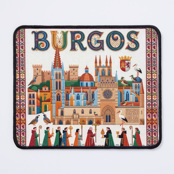 Item preview, Burgos Spain Travel Poster – Embroidered Folk Art Cathedral & Procession designed and sold by Witsprings.