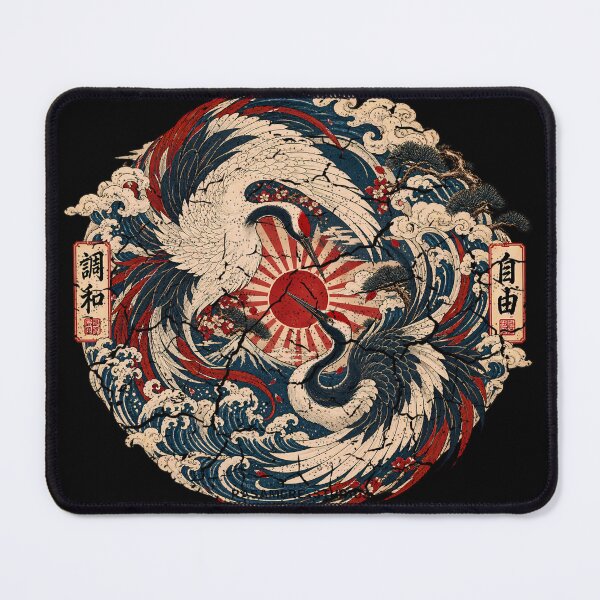 Item preview, Majestic Crane Yin Yang - Vintage Mount Fuji Ukiyo-e Emblem - Black designed and sold by Rasamore™ Studios.