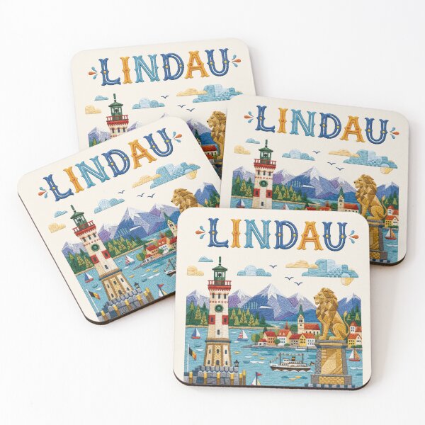 Item preview, Lindau Germany Embroidery Travel Poster | Lake Constance Lighthouse Bavarian Folk Art designed and sold by Witsprings.