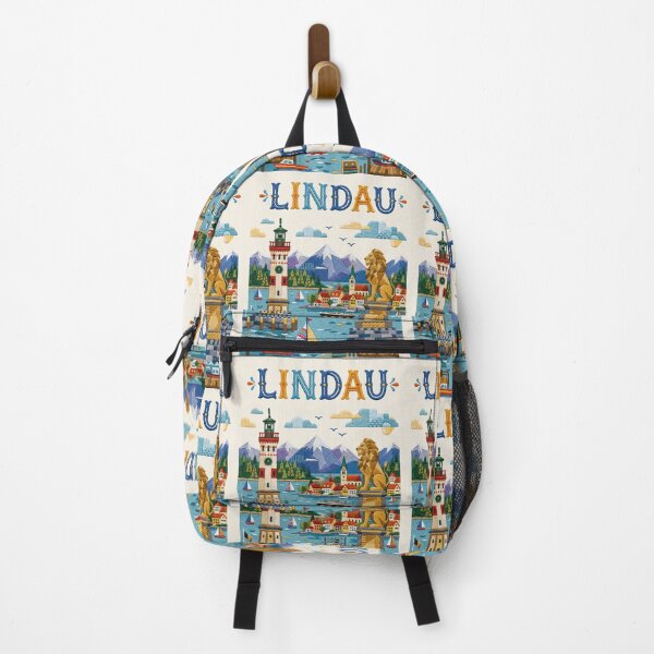 Item preview, Lindau Germany Embroidery Travel Poster | Lake Constance Lighthouse Bavarian Folk Art designed and sold by Witsprings.