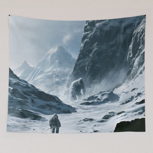 Item preview, A towering Yeti trekking through blizzard-covered Himalayan peaks surrounded by towering glaciers and blowing snow, Fantasy & Mythological Creatures designed and sold by CDC40.