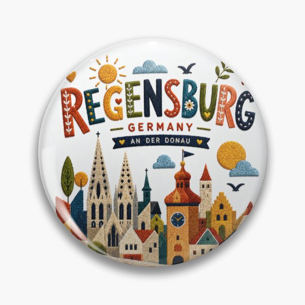 Artikelvorschau, Regensburg, Deutschland, Donau-Steinbrücke, gestickte Reiseillustration, Souvenir entworfen und verkauft von Witsprings.