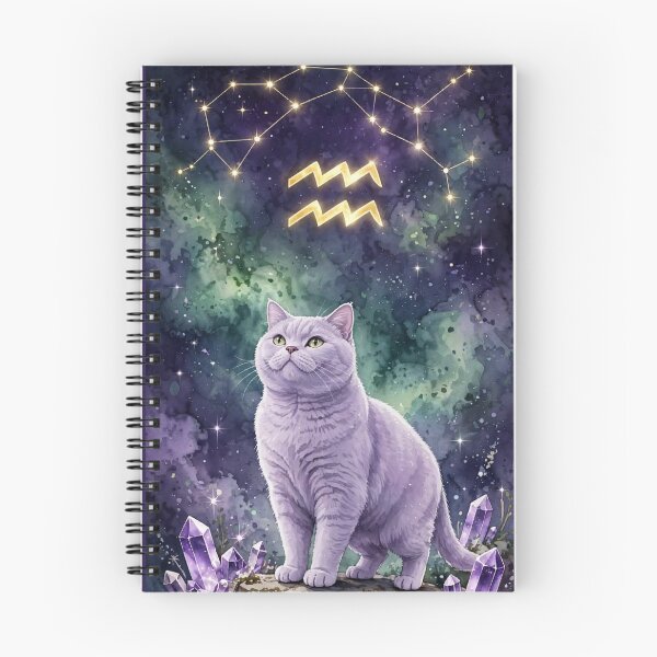Item preview, Mystical Aquarius Cat With Golden Constellation and Amethyst Crystals designed and sold by Moody Vibes Studio.