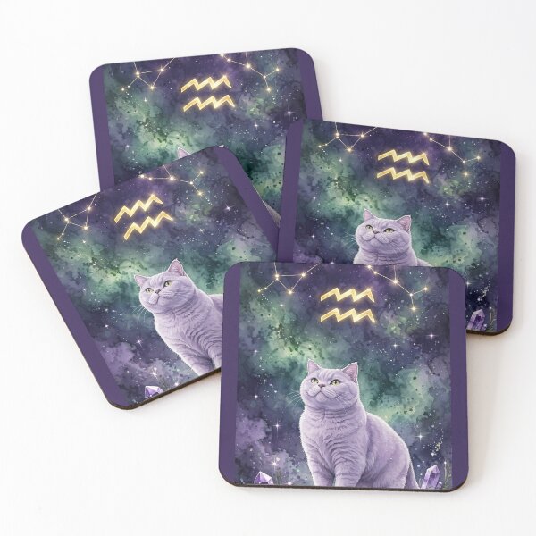 Item preview, Mystical Aquarius Cat With Golden Constellation and Amethyst Crystals designed and sold by Moody Vibes Studio.
