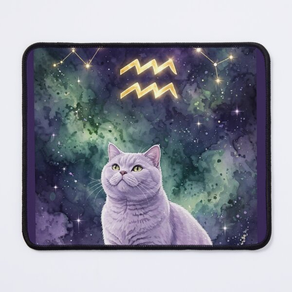 Item preview, Mystical Aquarius Cat With Golden Constellation and Amethyst Crystals designed and sold by Moody Vibes Studio.
