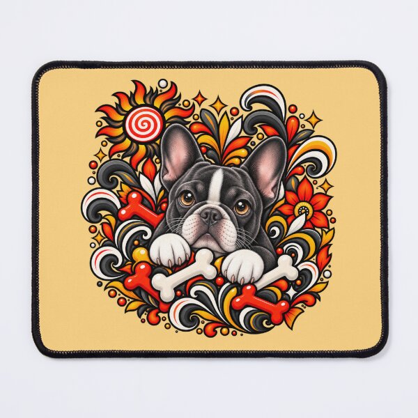 Item preview, French Bulldog Folk Art - Black and White Frenchie Red Floral designed and sold by PixelsPaws.