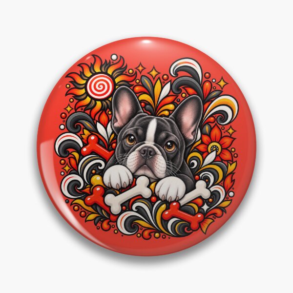Item preview, French Bulldog Folk Art - Black and White Frenchie Red Floral designed and sold by PixelsPaws.