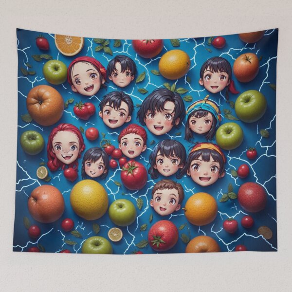 Item preview, Cute Anime Faces and Fruit Lightning Storm Pattern designed and sold by HappyPrintCo.