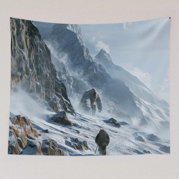 Item preview, A towering Yeti trekking through blizzard-covered Himalayan peaks surrounded by towering glaciers and blowing snow, Fantasy & Mythological Creatures designed and sold by CDC40.