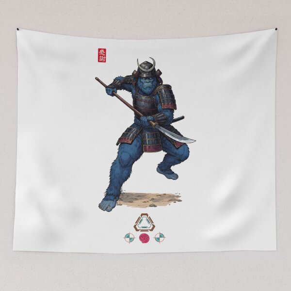 Item preview, Blue Samurai Ape Warrior in Detailed Armor with Naginata Polearm designed and sold by Whimsy Trail Co.