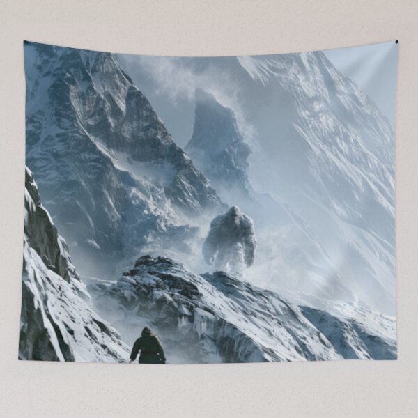 Item preview, A towering Yeti trekking through blizzard-covered Himalayan peaks surrounded by towering glaciers and blowing snow, Fantasy & Mythological Creatures designed and sold by CDC40.