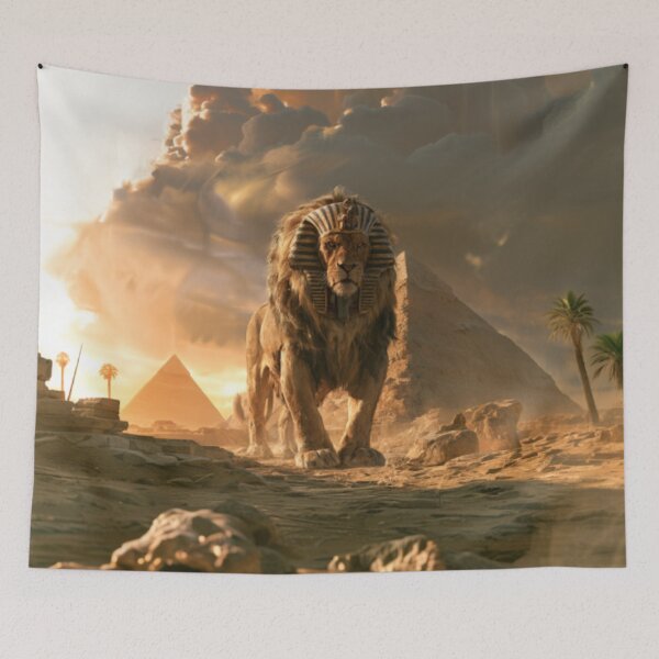 Aperçu de l'œuvre Un sphinx majestueux dans un désert avec des pyramides, des créatures fantastiques et mythologiques créée et vendue par CDC40.