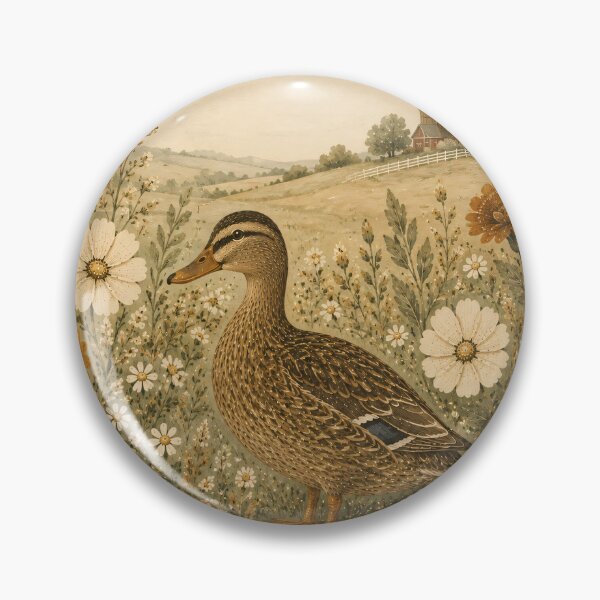 Item preview, Vintage Farm Duck In Wildflowers - Cosmos Marigold And Farmhouse Landscape Folk Art designed and sold by Jozefin's Studio.