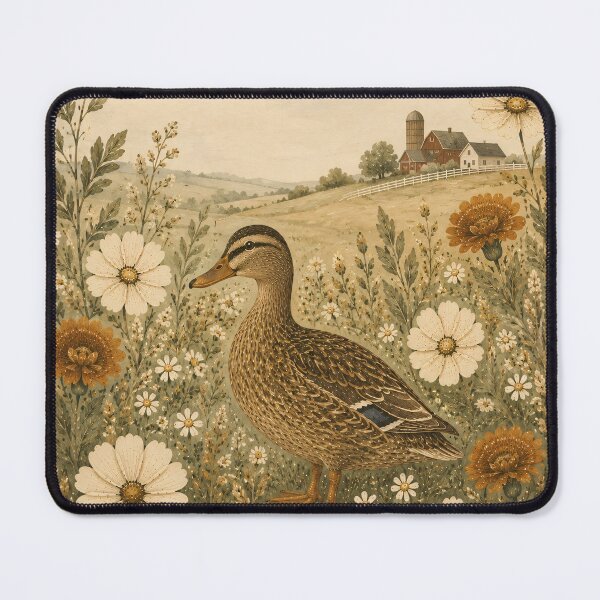 Item preview, Vintage Farm Duck In Wildflowers - Cosmos Marigold And Farmhouse Landscape Folk Art designed and sold by Jozefin's Studio.