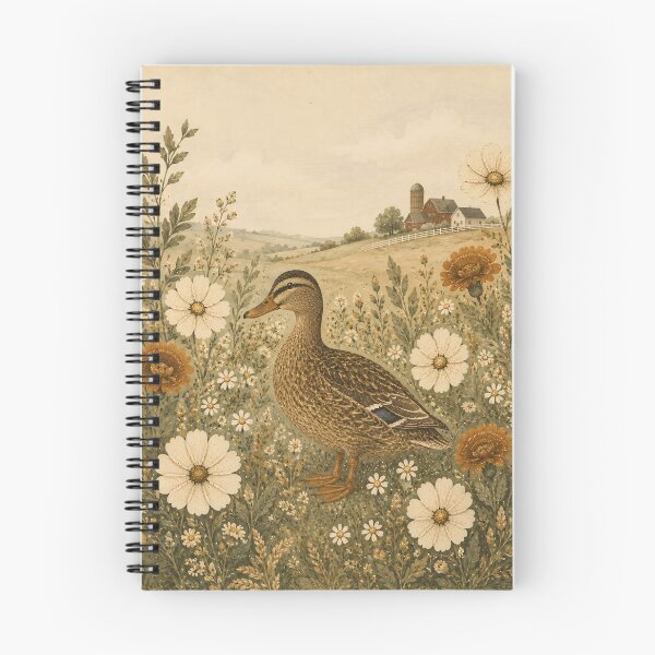Item preview, Vintage Farm Duck In Wildflowers - Cosmos Marigold And Farmhouse Landscape Folk Art designed and sold by Jozefin's Studio.