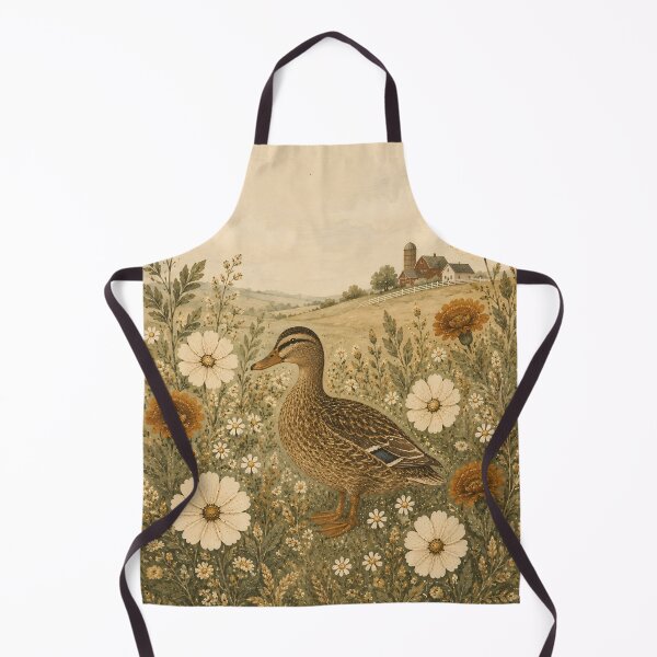 Item preview, Vintage Farm Duck In Wildflowers - Cosmos Marigold And Farmhouse Landscape Folk Art designed and sold by Jozefin's Studio.
