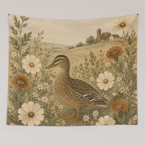 Item preview, Vintage Farm Duck In Wildflowers - Cosmos Marigold And Farmhouse Landscape Folk Art designed and sold by Jozefin's Studio.