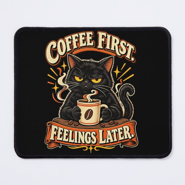 Item preview, Coffee First Feelings Later Grumpy Retro Black Cat designed and sold by CurrentPhase.