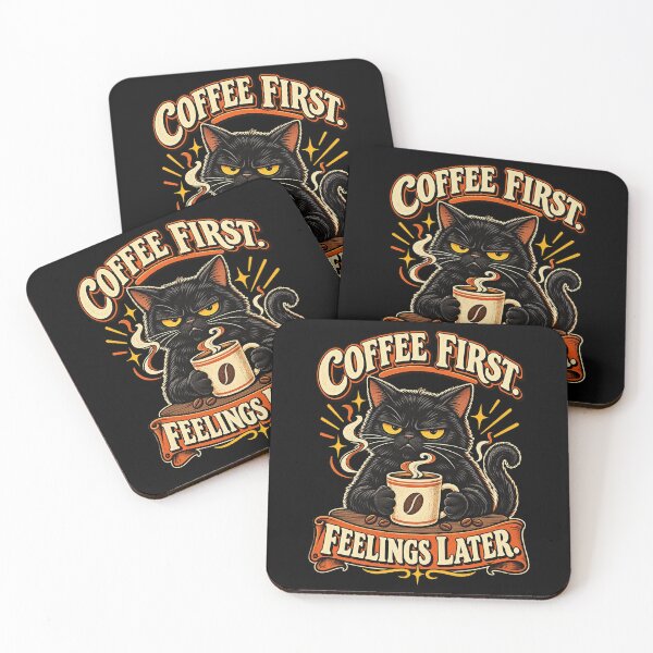 Item preview, Coffee First Feelings Later Grumpy Retro Black Cat designed and sold by CurrentPhase.
