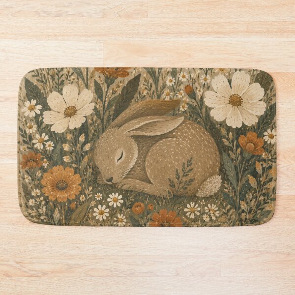 Item preview, Sleeping Bunny In Wildflowers - Cream Cosmos And Marigold Folk Art designed and sold by Jozefin's Studio.