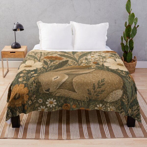 Item preview, Sleeping Bunny In Wildflowers - Cream Cosmos And Marigold Folk Art designed and sold by Jozefin's Studio.
