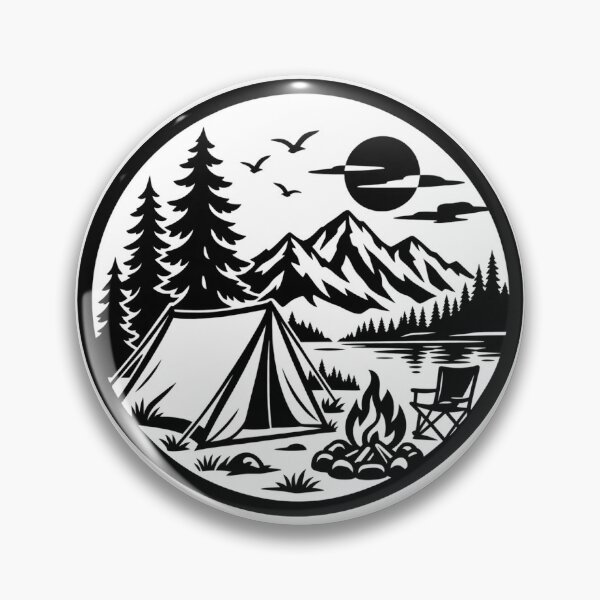 Item preview, Camping Mountain Badge – Black & White Wilderness Adventure designed and sold by Timber-Trail.
