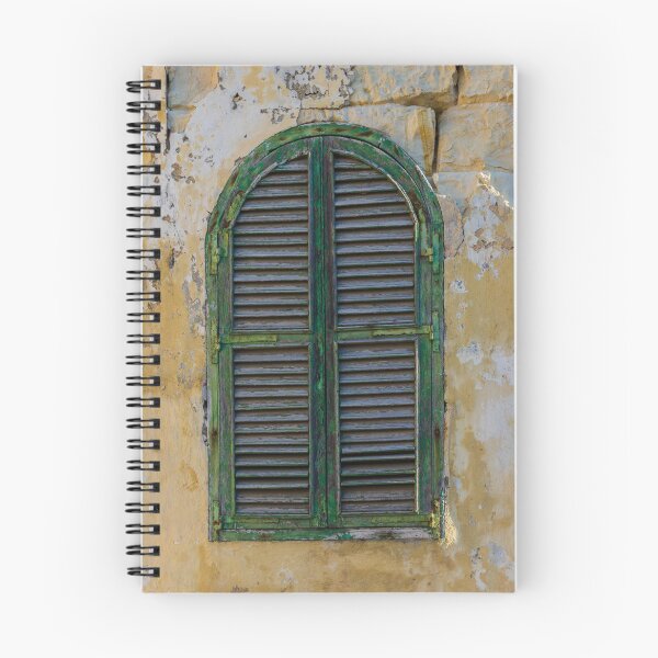 Item preview, Weathered Green Arch Window Shutter On Crumbling Yellow Wall Exuding Rustic Mediterranean Charm designed and sold by Nmallia.