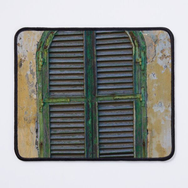 Item preview, Weathered Green Arch Window Shutter On Crumbling Yellow Wall Exuding Rustic Mediterranean Charm designed and sold by Nmallia.