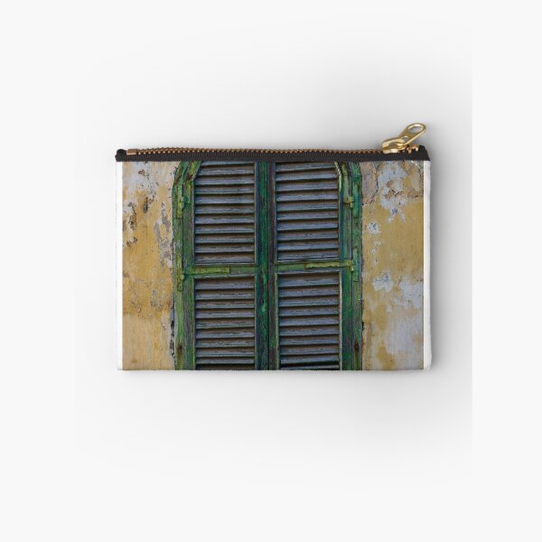 Item preview, Weathered Green Arch Window Shutter On Crumbling Yellow Wall Exuding Rustic Mediterranean Charm designed and sold by Nmallia.