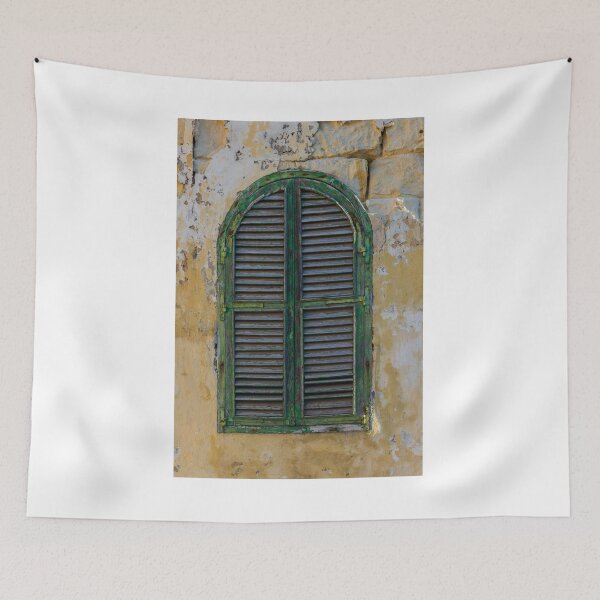 Item preview, Weathered Green Arch Window Shutter On Crumbling Yellow Wall Exuding Rustic Mediterranean Charm designed and sold by Nmallia.