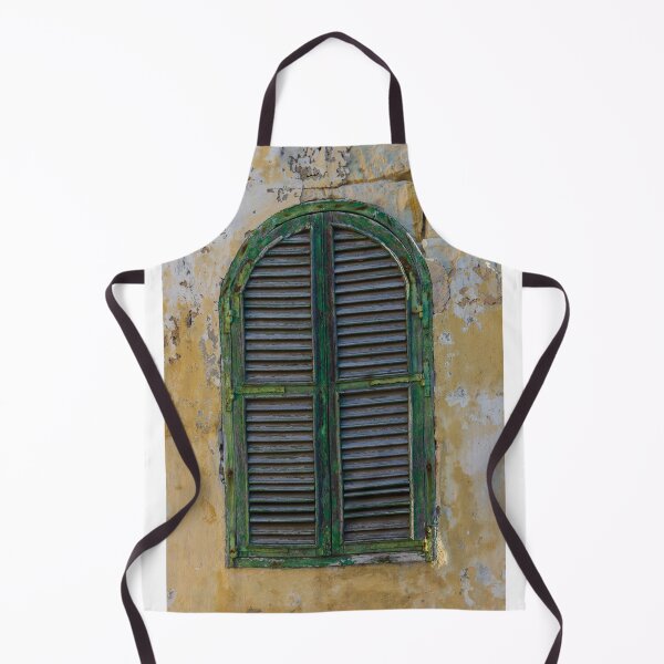 Item preview, Weathered Green Arch Window Shutter On Crumbling Yellow Wall Exuding Rustic Mediterranean Charm designed and sold by Nmallia.