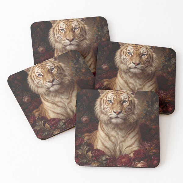 Item preview, Floral painting of tiger and dark peonies designed and sold by Real Beast Art.