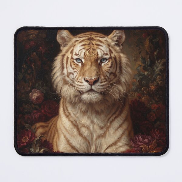 Item preview, Floral painting of tiger and dark peonies designed and sold by Real Beast Art.