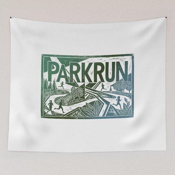 Item preview, Parkrun 5k Runners Green Forest Trail Woodcut Linocut Art Gift designed and sold by KiwiRider.