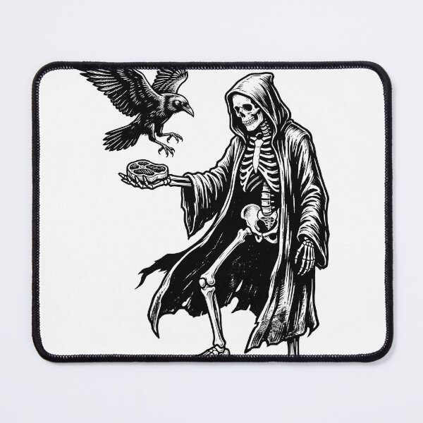 Item preview, Hooded Skeleton Feeding Raven Crow Meat Piece Gothic Heavy Ink Graphic designed and sold by MisteryDesigner.