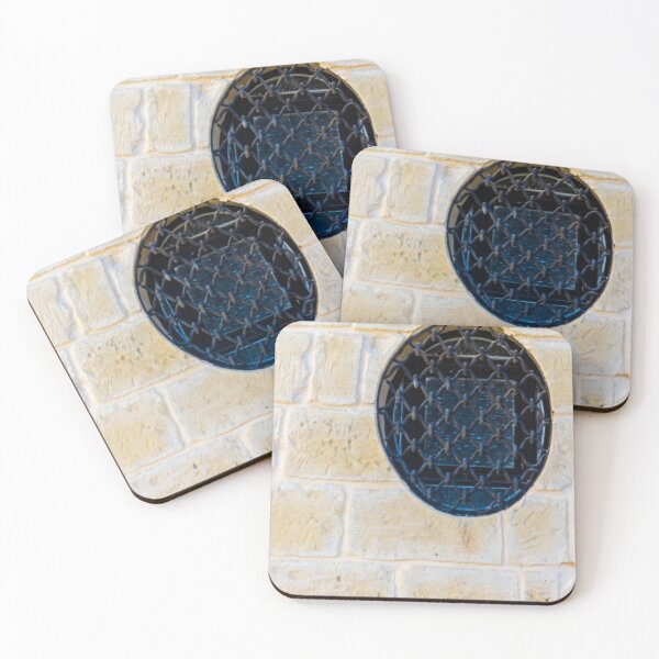 Item preview, Circular Metal Grate Over Window in Beige Stone Wall Creates Historic, Industrial Detail designed and sold by Nmallia.