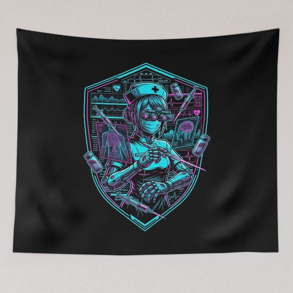 Item preview, Cyberpunk Cyborg Nurse Synthwave Neon Triage Shield Aesthetic designed and sold by Animer-art1.