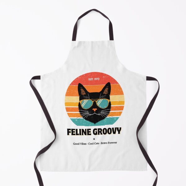 Aperçu de l'œuvre Chat Groovy — Chat rétro années 70 au coucher du soleil avec lunettes de soleil aviateur créée et vendue par Sithila-Arts.