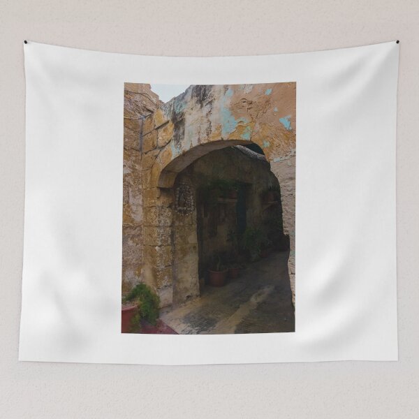 Item preview, Weathered Stone Archway Leading Into Shaded Mediterranean Courtyard With Potted Plants And Peeling Paint designed and sold by Nmallia.