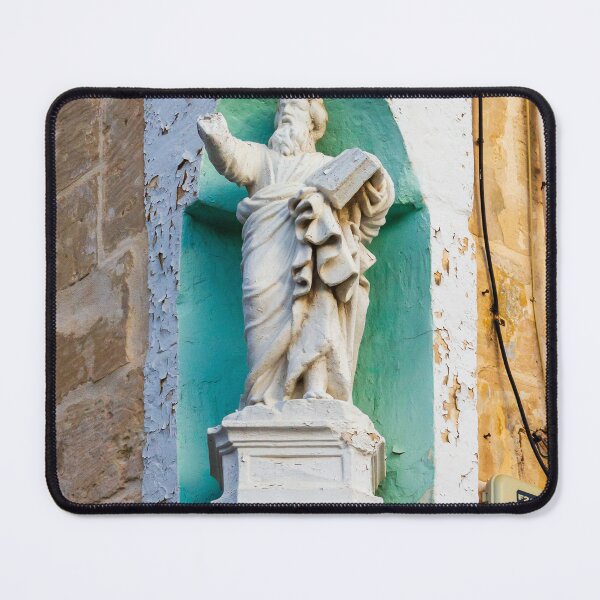 Item preview, Stone Religious Statue in Painted Niche on Weathered Building Facade With Architectural Detail designed and sold by Nmallia.