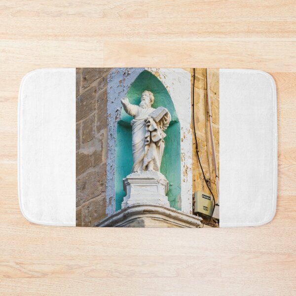 Item preview, Stone Religious Statue in Painted Niche on Weathered Building Facade With Architectural Detail designed and sold by Nmallia.
